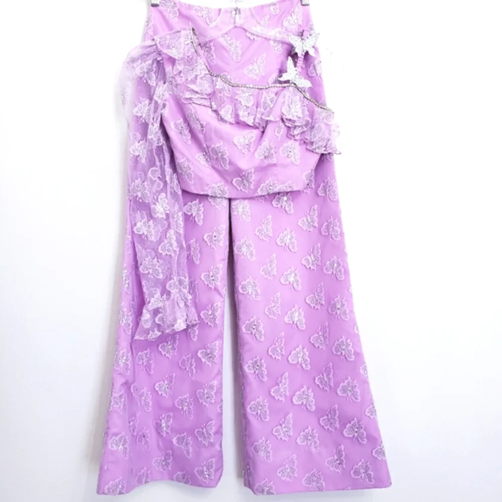 Lavender Floral Lace/Rhinestone Butterfly Pant/Crop Top Fun Fashion 2 Pc Set